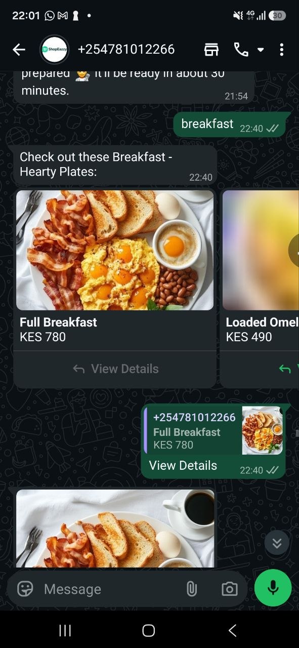 ShopEazzy showing breakfast products in a WhatsApp chat